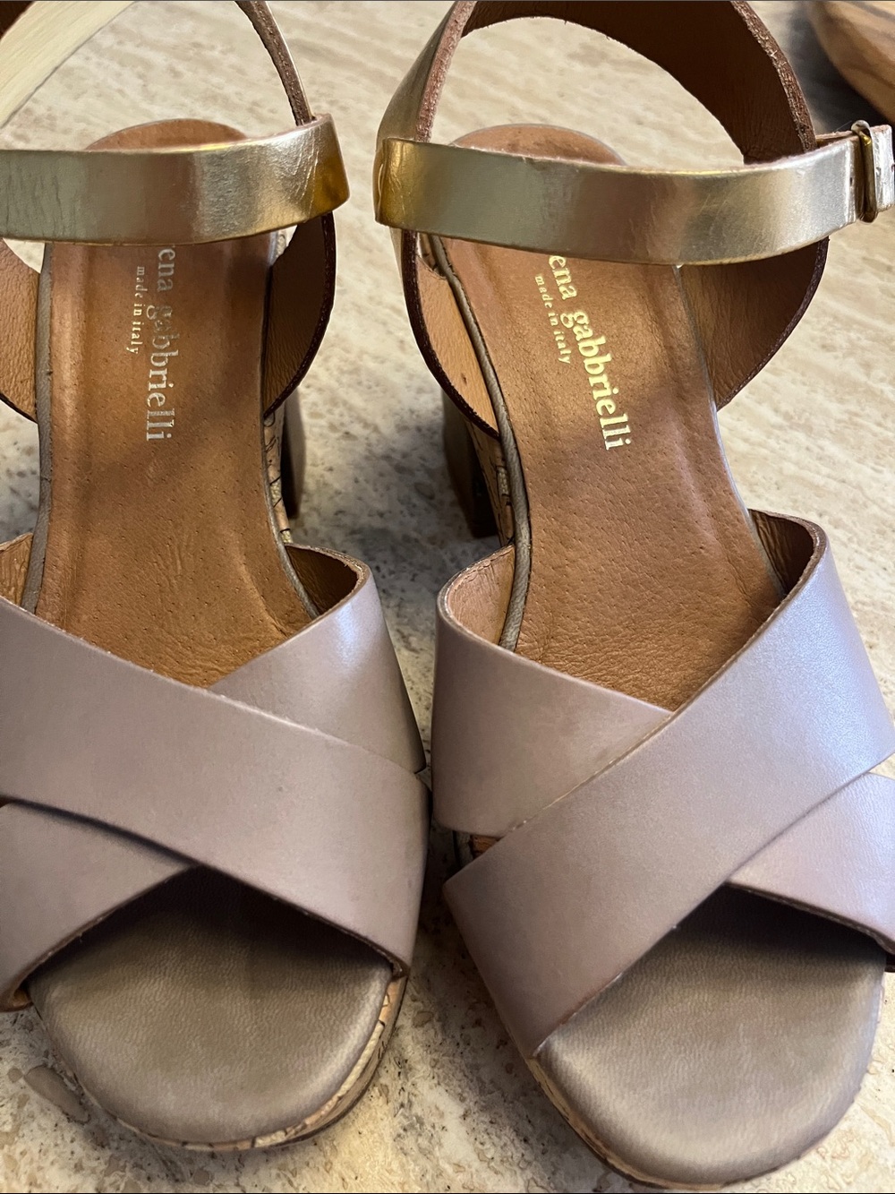Morena Gabbrielli  Taupe Leather Crisscross Sandals with Gold Ankle Strap